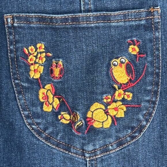 ModCloth Denim Overall Dress Embroidered Floral Owl Pocket Jumper Size Medium - Picture 7 of 9